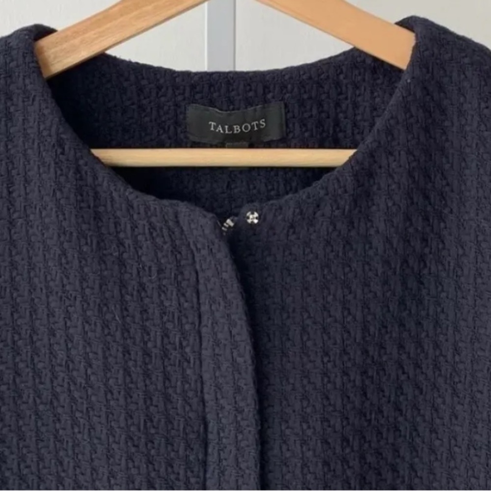Talbots Navy Blue Swing Jacket Blazer Woven 12 P Petites Preppy Outdoorsy Form - Picture 2 of 10